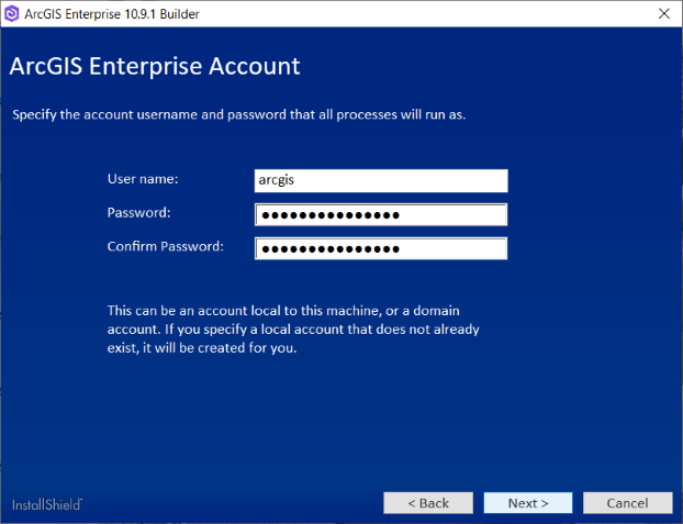 すべてのプロセスの実行で使用されるアカウントのユーザー名とパスワードを指定します。