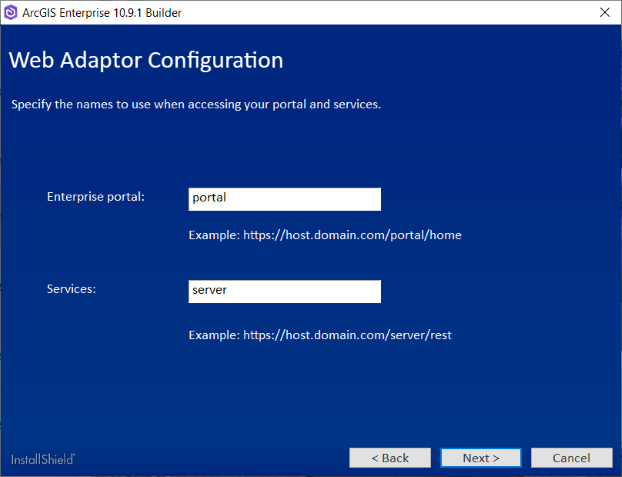 一意の ArcGIS Web Adaptor 名を指定するか、デフォルト名をそのまま使用します。