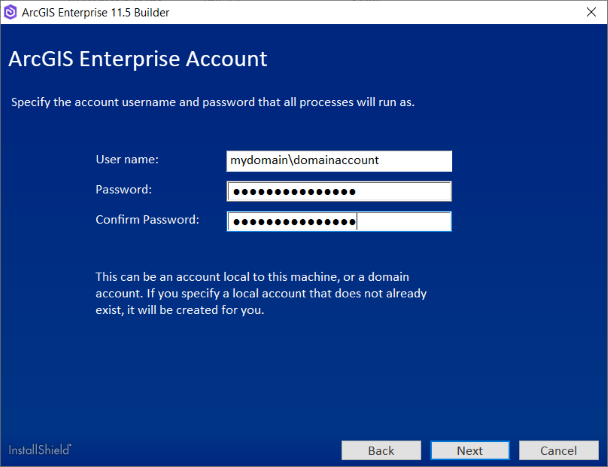 ドメイン アカウントを入力する場合は、既存のアカウントから選択する必要があります。 ドメイン アカウントを入力する場合は、既存のアカウントから選択する必要があります。