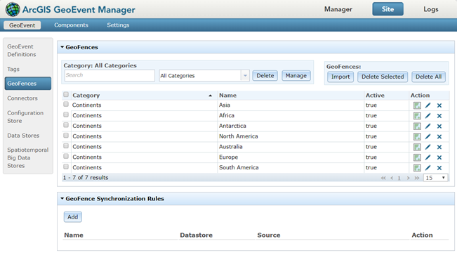 GeoEvent Manager でジオフェンスを表示して管理します。