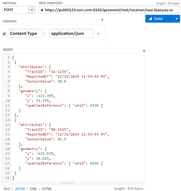 2 つのフィーチャ レコードを持ち、ポイント ジオメトリを含むフィーチャ JSON を配列として整理