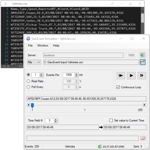 GeoEvent Simulator を使用して送信される区切りテキスト