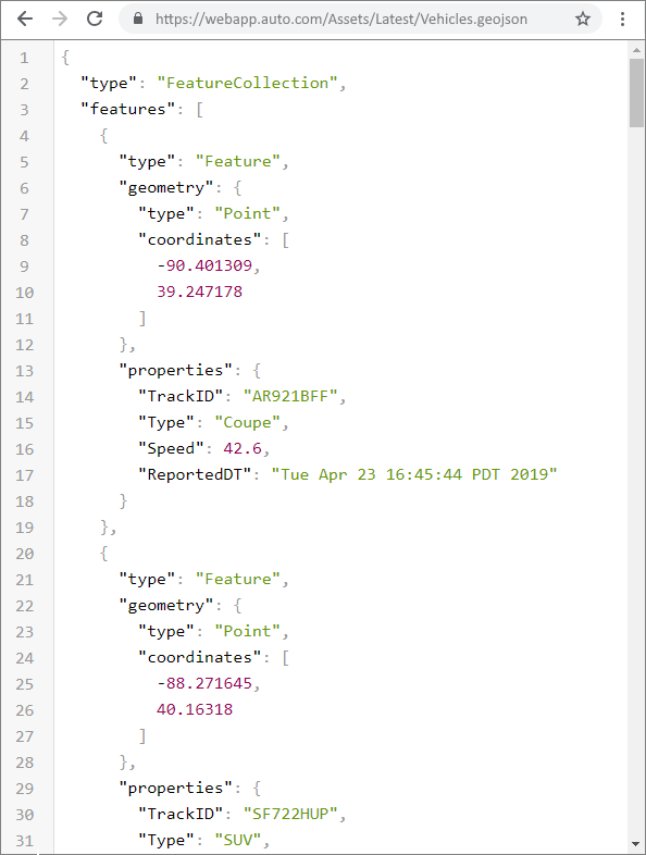 GeoJSON FeatureCollection の一部として整理されたイベント レコード