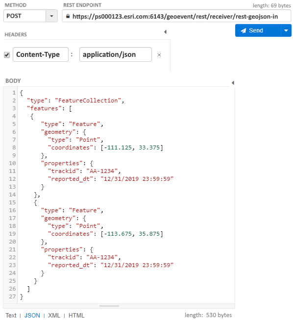 2 つの GeoJSON フィーチャ レコードを持つ GeoJSON FeatureCollection