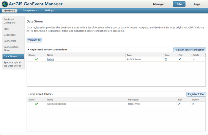 GeoEvent Manager を使用したデータ ストアの追加と管理