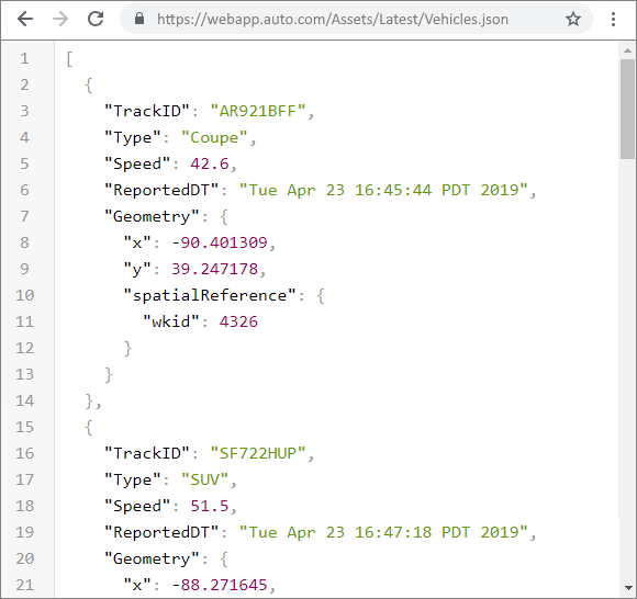 JSON 配列として整理されたイベント データ