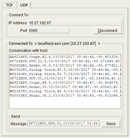ポート 5565 の UDP クライアントに送信された区切りテキスト