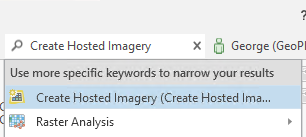 「Create Hosted Imagery」テキストを入力した検索テキスト ボックスとドロップダウンの結果