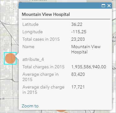 Mountain View Hospital の情報を含むポップアップ