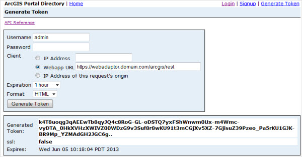 ArcGIS Server Administrator Directory でのトークン ページの生成