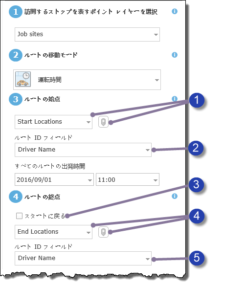 開始場所および終了場所パラメーター