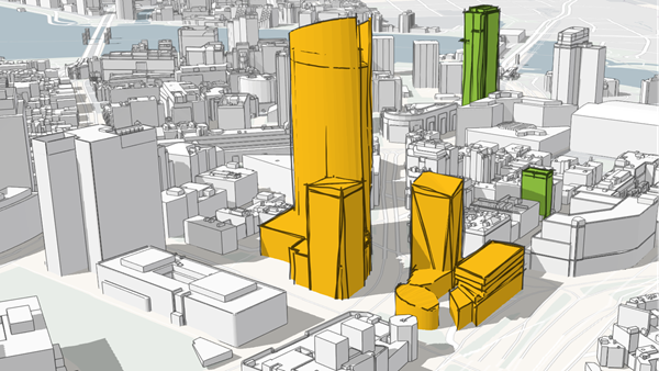 3D オブジェクト シーン レイヤーで表示された建物