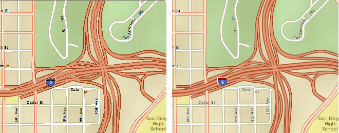 ArcMap に表示された道路地図 (左) と、マップ サービスとして表示された道路地図 (右)