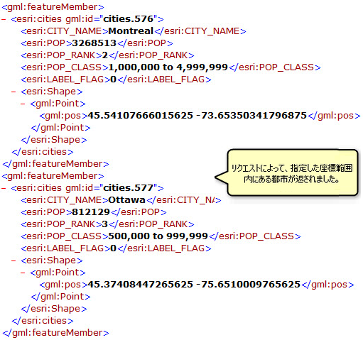 フィルターされた GetFeature 操作によって返された指定した座標範囲にある都市