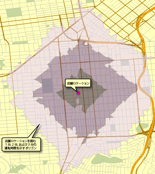 Calculate Drive-Time Polygons タスクの出力例