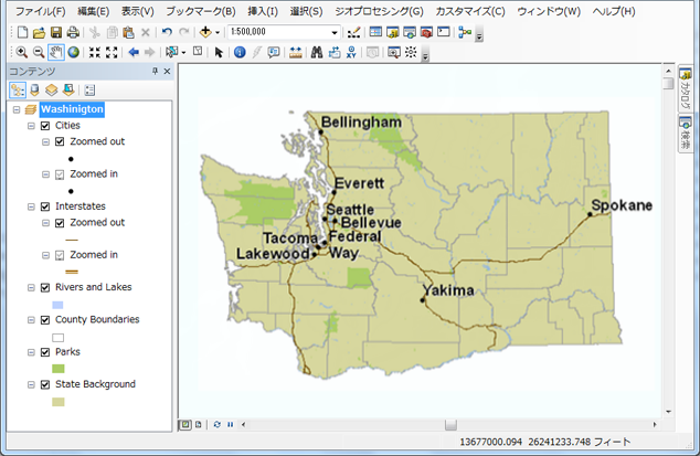 複数の縮尺でシンボル表示した ArcMap ドキュメント