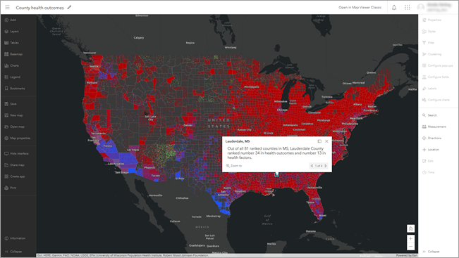 콘텐츠 및 설정 도구모음이 표시된 새 Map Viewer의 카운티 건강 결과 맵