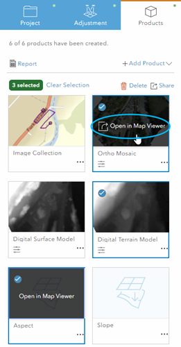 Panel produktów aplikacji tworzenia ortofotomap Ortho Maker z opcją otwierania i wczytywania produktów do internetowej przeglądarki map