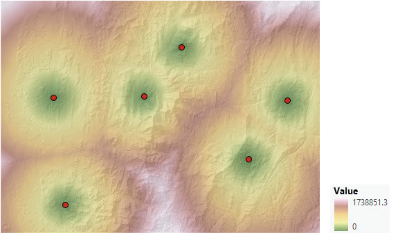 Mapa zakumulowanej odległości kosztu z sześciu punktów