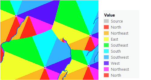 Mapa rastra kierunku powrotnego zmieniona przez uwzględnienie barier Mapa rastra kierunku powrotnego zmieniona przez uwzględnienie barier