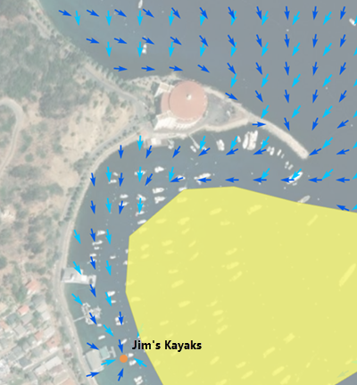 Mapa wskazująca różnice między kierunkiem do źródła i kierunkiem powrotnym, gdy między kajakarzem, a miejscem docelowym znajduje się półwysep.