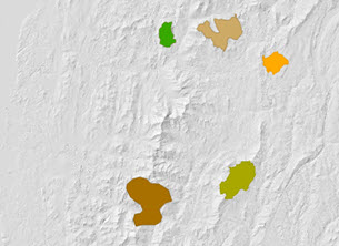 Mapa pięciu miejsc docelowych wyświetlana na cieniowaniu rzeźby terenu