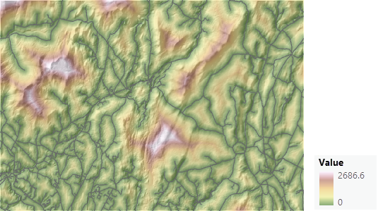 Mapa da distância das estradas ao longo de uma colina