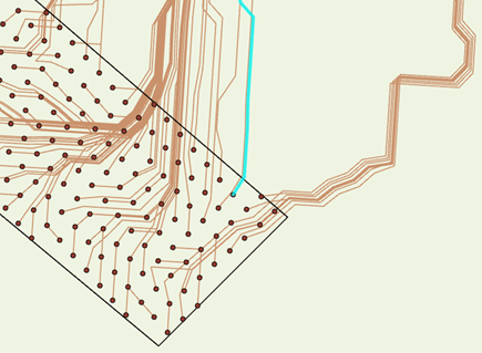 Mapa mostrando muitos caminhos a partir de destinos próximos, convergindo e viajando lado a lado em direção a uma origem