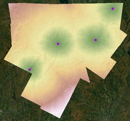 Mapa de distância de custo acumulativo calculado a partir de quatro pontos