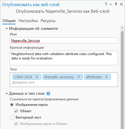 Панель Опубликовать как веб-слой с заполненными параметрами Панель Опубликовать как веб-слой с заполненными параметрами