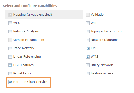 Maritime Chart Service capability enabled in the Select and configure capabilities section of the Capabilities tab