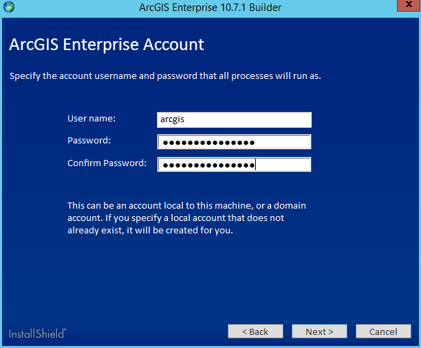 Specify the account user name and password that all processes will run as.