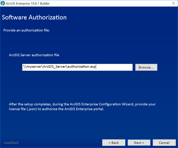 Укажите местоположение файла авторизации ArcGIS Server.