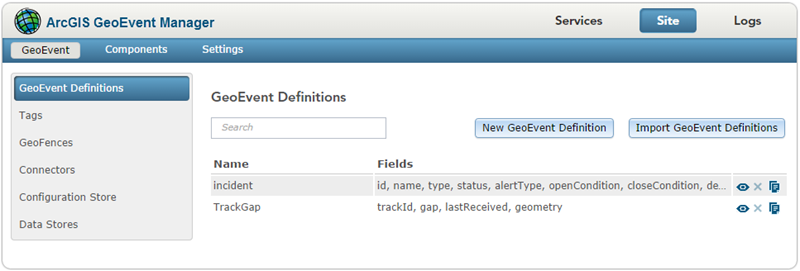Используйте GeoEvent Manager для просмотра определений GeoEvent и управления ими.