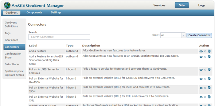 Используйте GeoEvent Manager, чтобы создавать и управлять коннекторами подключения.