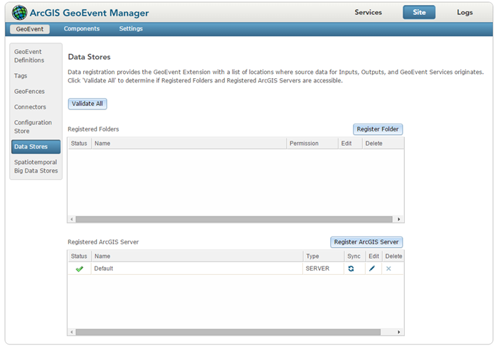 Используйте GeoEvent Manager, чтобы просматривать и управлять хранилищами данных.