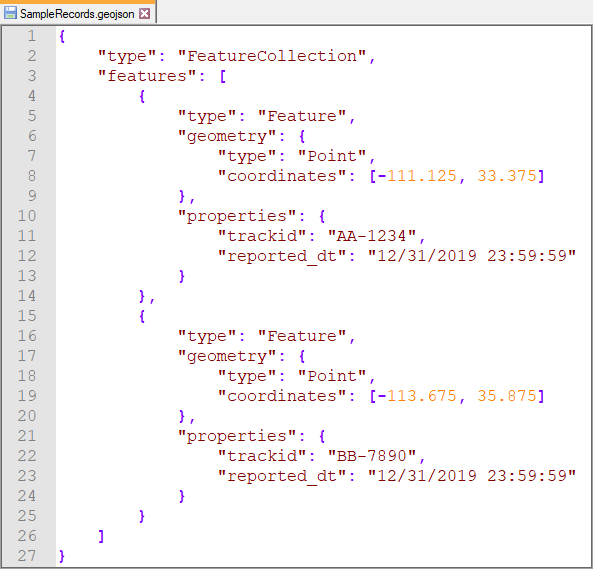 Данные событий, отформатированные как GeoJSON