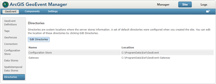 Страница Directories в GeoEvent Manager
