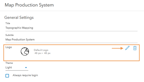 Map Production System dialog box with options to configure the app's logo under General Settings