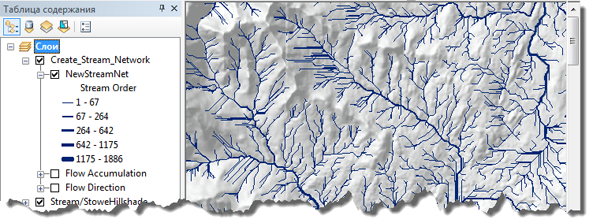 ArcMap после выполнения задачи Создать сеть водотоков