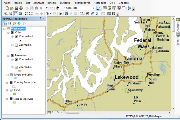 Документ ArcMap с символами для различных масштабов