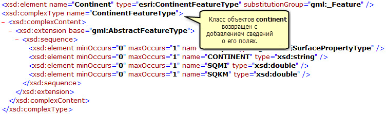 Класс объектов Continent и сведения о его полях, возвращаемые отфильтрованной операцией DescribeFeatureType