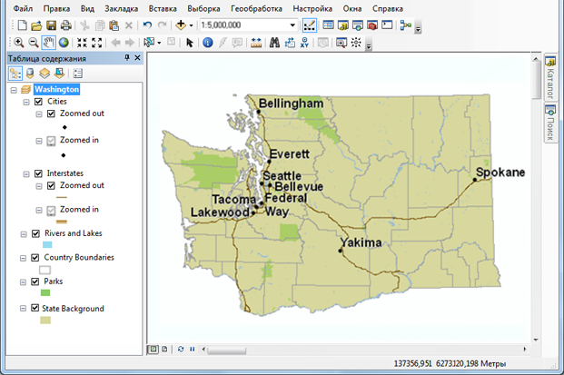 Документ ArcMap с символами для различных масштабов