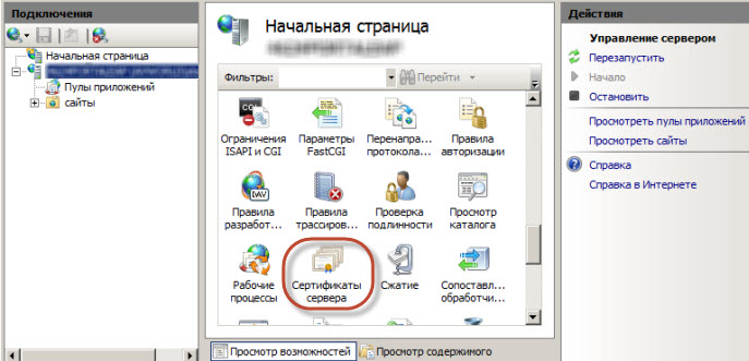 Значок Сертификаты сервера в IIS Manager