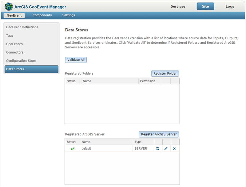 使用 GeoEvent Manager 查看和管理数据存储。