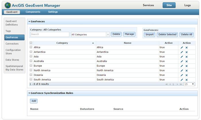 使用 GeoEvent Manager 查看和管理 GeoFences。