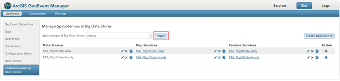 GeoEvent Manager 中的时空大数据存储“修复”按钮