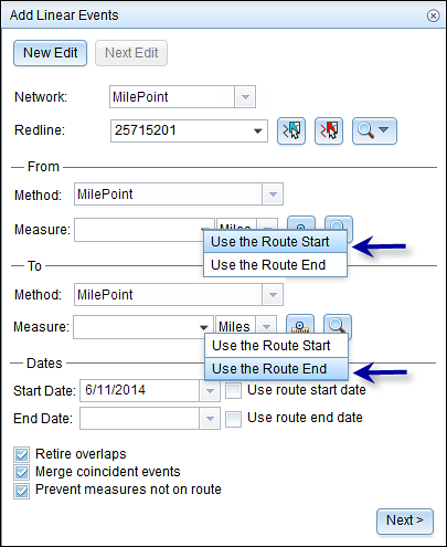 Get the from and to measure values of the event from the route start and route end values