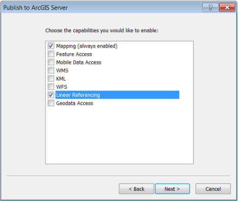 Publish to ArcGIS Server dialog box with Linear Referencing check box checked