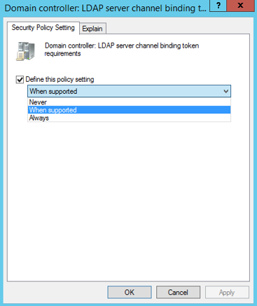 LDAP 服务器通道绑定的域控制器设置。